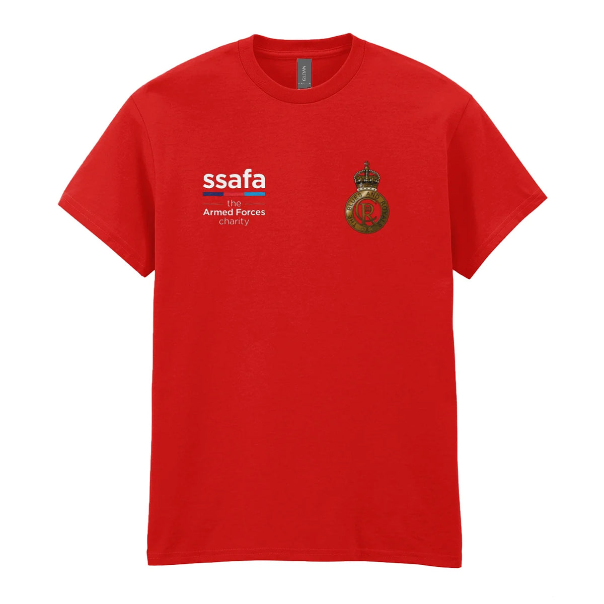 A red t-shirt showing an MOD licensed Blues and Royals (King's Crown) insignia to left chest and SSAFA logo to right chest.