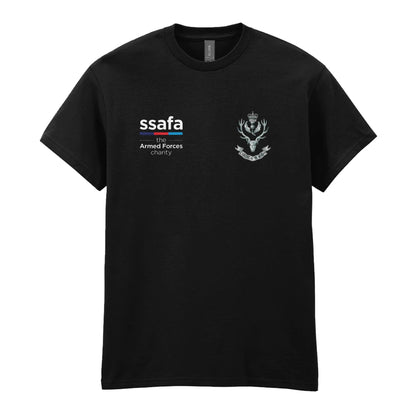 A black t-shirt showing a MOD licensed Queen's Own Highlanders (Queen's Crown) insignia to left chest and SSAFA logo to right chest.