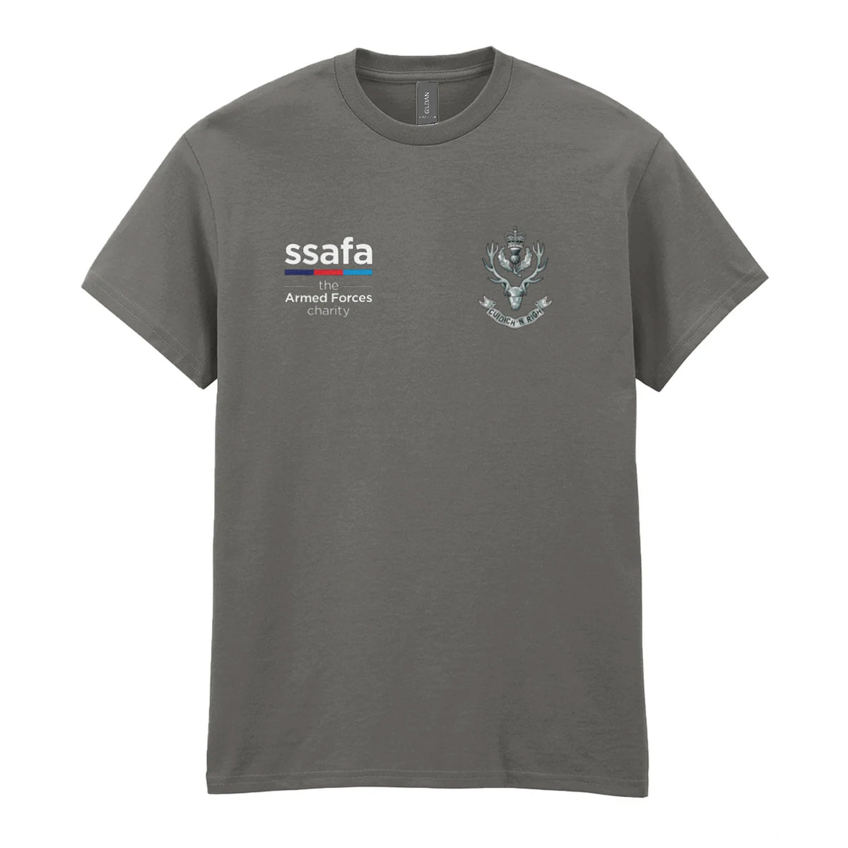 A charcoal t-shirt showing a MOD licensed Queen's Own Highlanders (Queen's Crown) insignia to left chest and SSAFA logo to right chest.