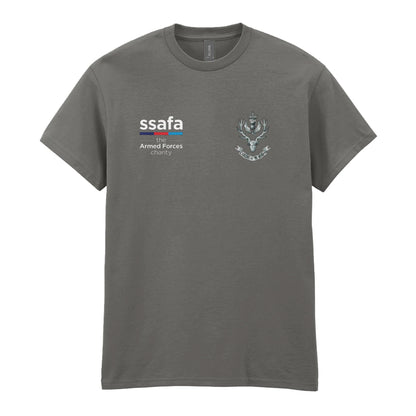 A charcoal t-shirt showing a MOD licensed Queen's Own Highlanders (Queen's Crown) insignia to left chest and SSAFA logo to right chest.
