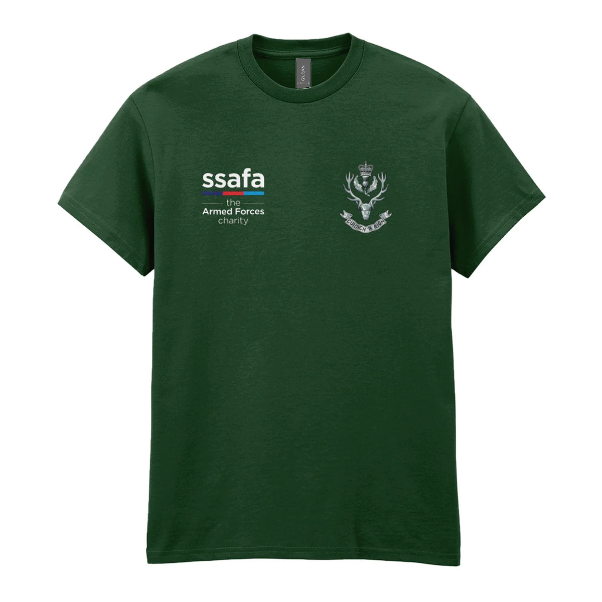 A forest green t-shirt showing a MOD licensed Queen's Own Highlanders (Queen's Crown) insignia to left chest and SSAFA logo to right chest.