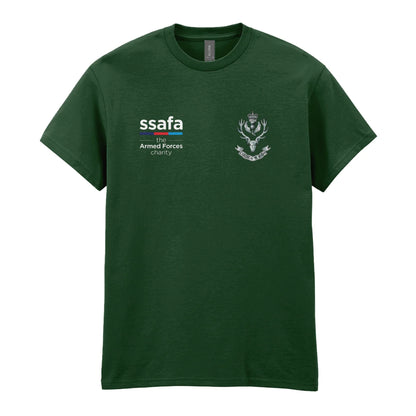 A forest green t-shirt showing a MOD licensed Queen's Own Highlanders (Queen's Crown) insignia to left chest and SSAFA logo to right chest.
