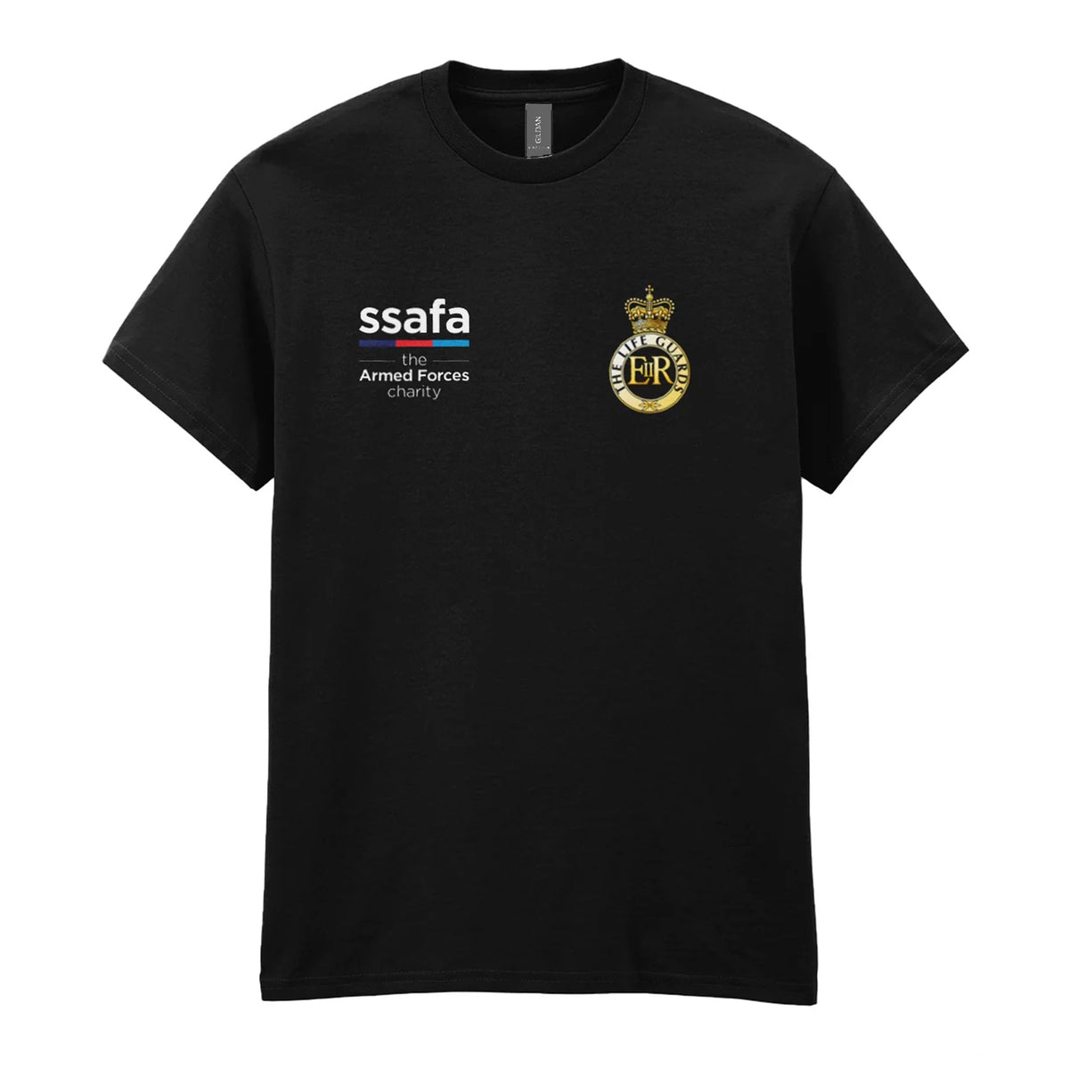 A black t-shirt showing an MOD licensed The Life Guards (Queen's Crown) insignia to left chest and SSAFA logo to right chest.