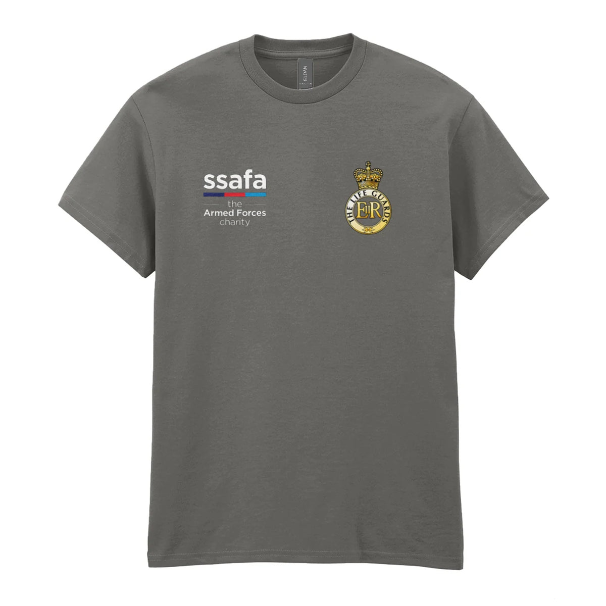 A charcoal t-shirt showing an MOD licensed The Life Guards (Queen's Crown) insignia to left chest and SSAFA logo to right chest.