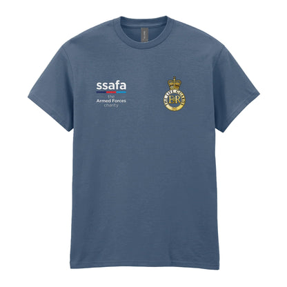 An indigo blue t-shirt showing an MOD licensed The Life Guards (Queen's Crown) insignia to left chest and SSAFA logo to right chest.