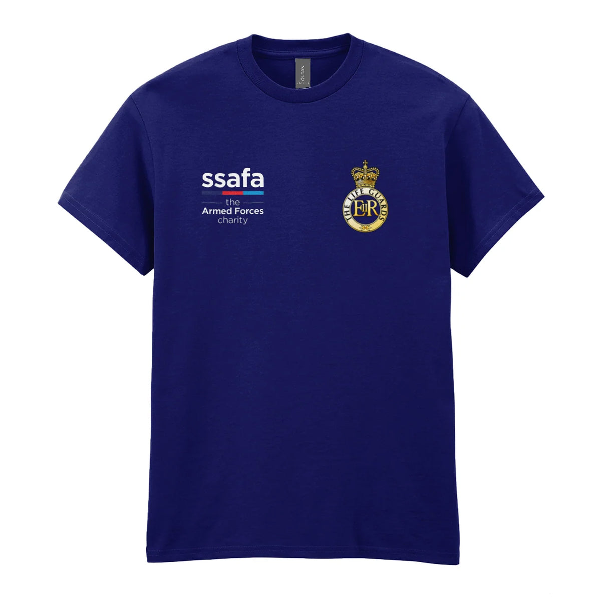 A navy t-shirt showing an MOD licensed The Life Guards (Queen's Crown) insignia to left chest and SSAFA logo to right chest.