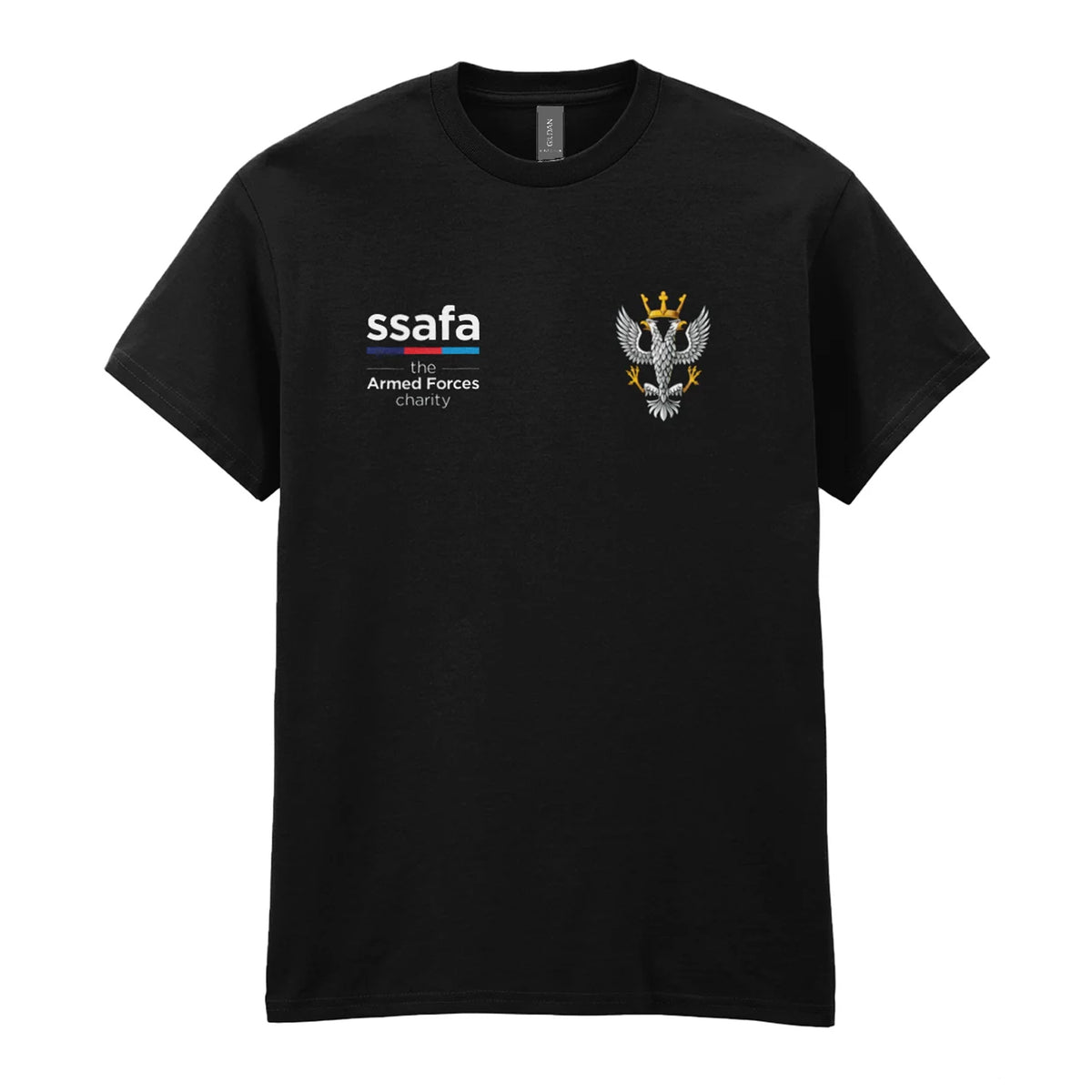 A black t-shirt showing an MOD licensed Mercian Regiment (Saxon Crown) Crown) insignia to left chest and SSAFA logo to right chest.