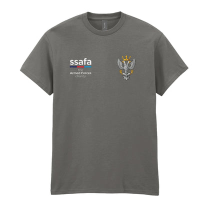 A charcoal t-shirt showing an MOD licensed Mercian Regiment (Saxon Crown) Crown) insignia to left chest and SSAFA logo to right chest.