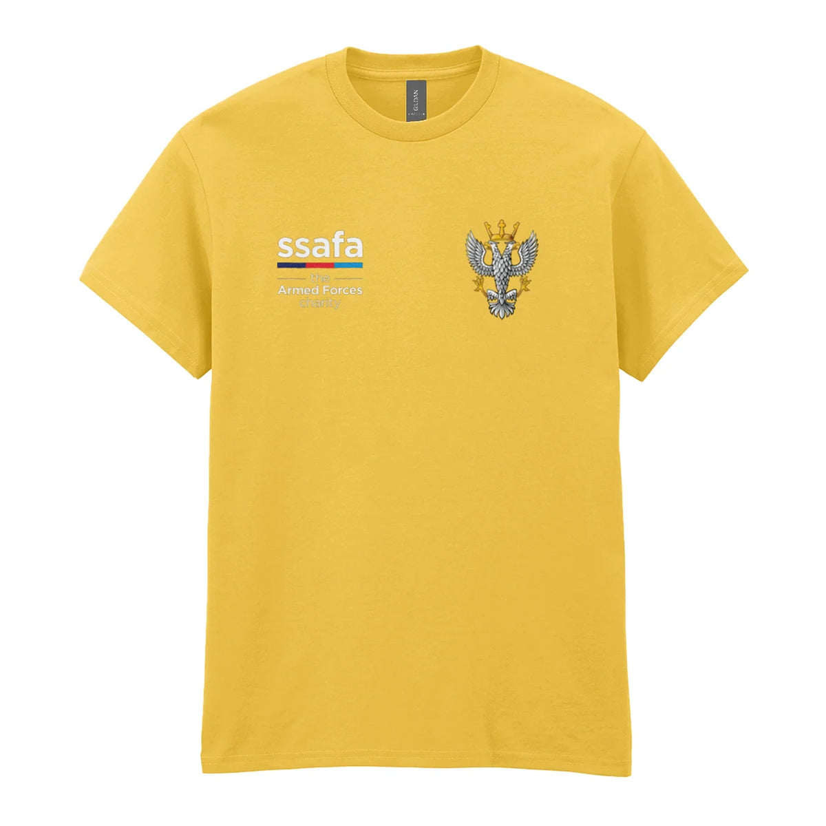 A daisy yellow t-shirt showing an MOD licensed Mercian Regiment (Saxon Crown) Crown) insignia to left chest and SSAFA logo to right chest.