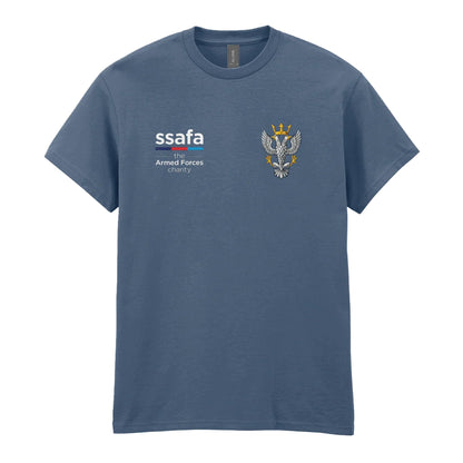 An indigo blue t-shirt showing an MOD licensed Mercian Regiment (Saxon Crown) Crown) insignia to left chest and SSAFA logo to right chest.