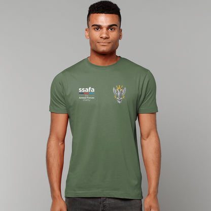A man wearing a military green t-shirt showing an MOD licensed Mercian Regiment (Saxon Crown) Crown) insignia to left chest and SSAFA logo to right chest.