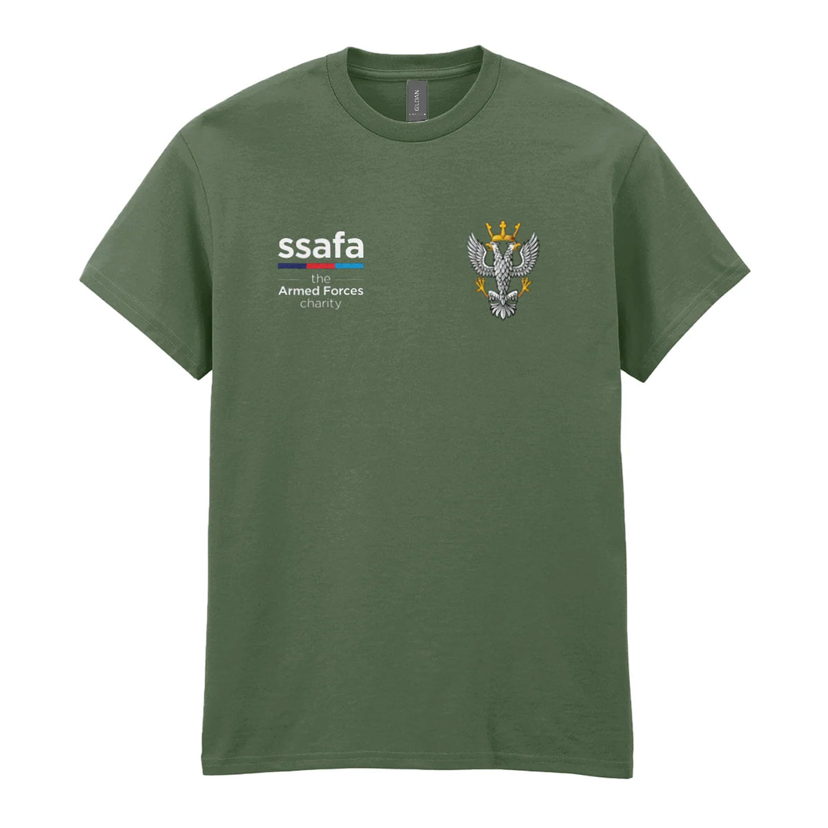 A military green t-shirt showing an MOD licensed Mercian Regiment (Saxon Crown) Crown) insignia to left chest and SSAFA logo to right chest.