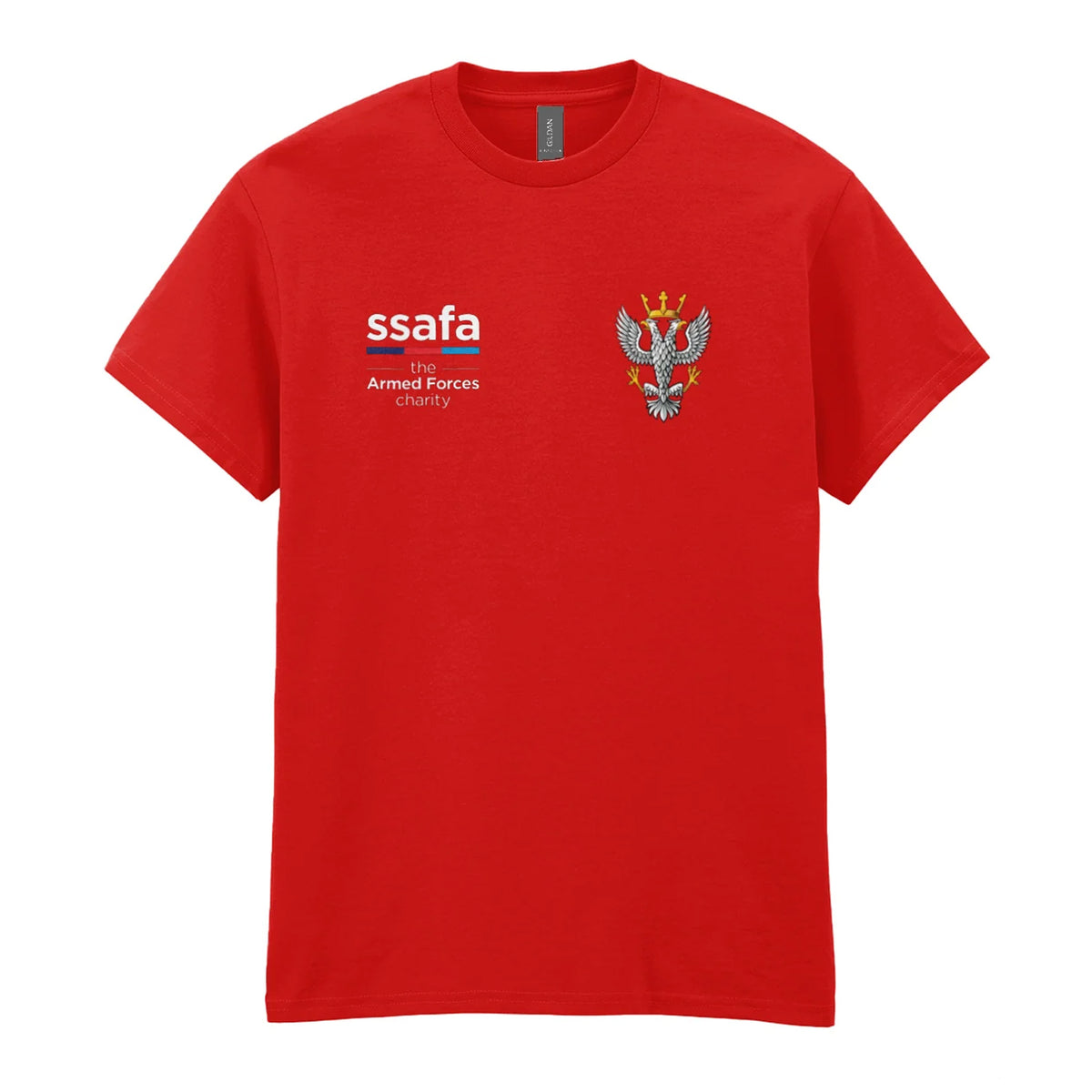 A red t-shirt showing an MOD licensed Mercian Regiment (Saxon Crown) Crown) insignia to left chest and SSAFA logo to right chest.