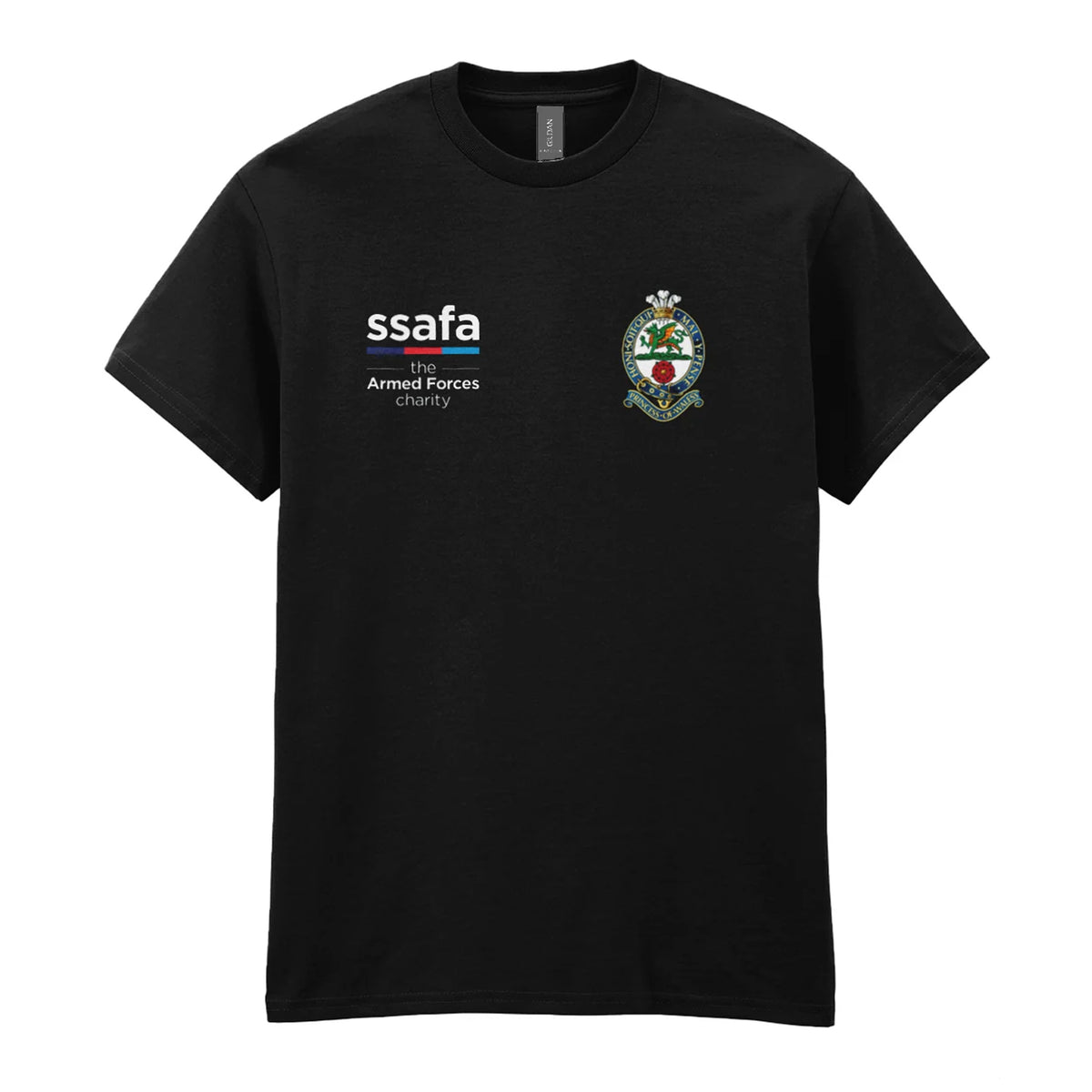 A black t-shirt showing an MOD licensed The Princess of Wales's Royal Regiment (Naval Crown) insignia to left chest and SSAFA logo to right chest.