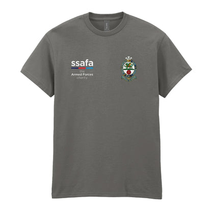 A charcoal t-shirt showing an MOD licensed The Princess of Wales's Royal Regiment (Naval Crown) insignia to left chest and SSAFA logo to right chest.