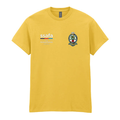 A daisy yellow t-shirt showing an MOD licensed The Princess of Wales's Royal Regiment (Naval Crown) insignia to left chest and SSAFA logo to right chest.