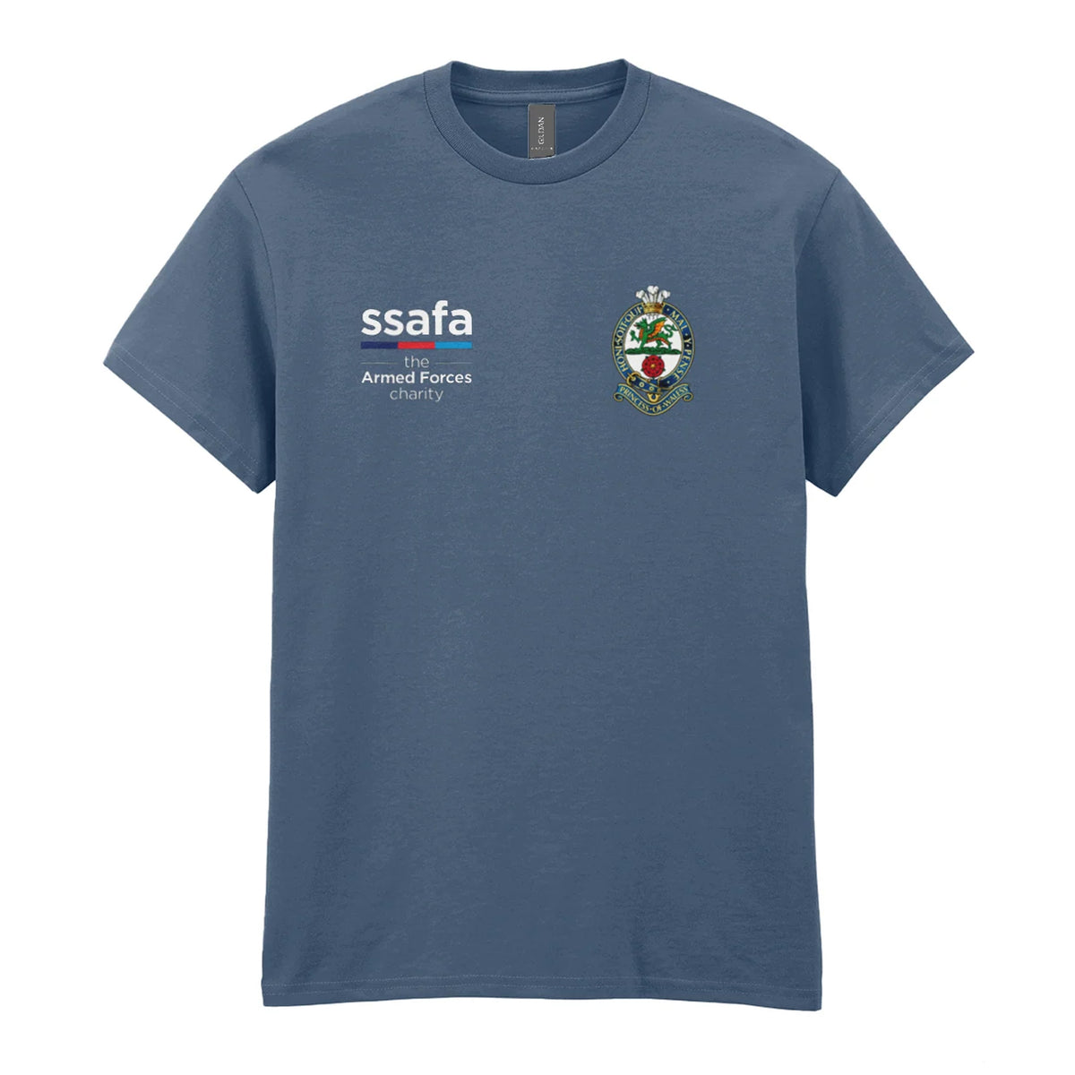 An indigo blue t-shirt showing an MOD licensed The Princess of Wales's Royal Regiment (Naval Crown) insignia to left chest and SSAFA logo to right chest.