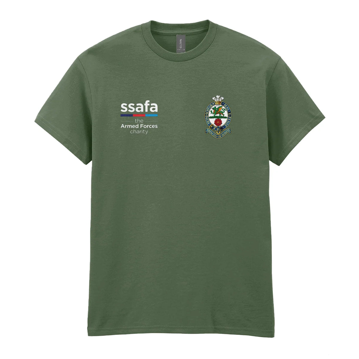 A military green t-shirt showing an MOD licensed The Princess of Wales's Royal Regiment (Naval Crown) insignia to left chest and SSAFA logo to right chest.