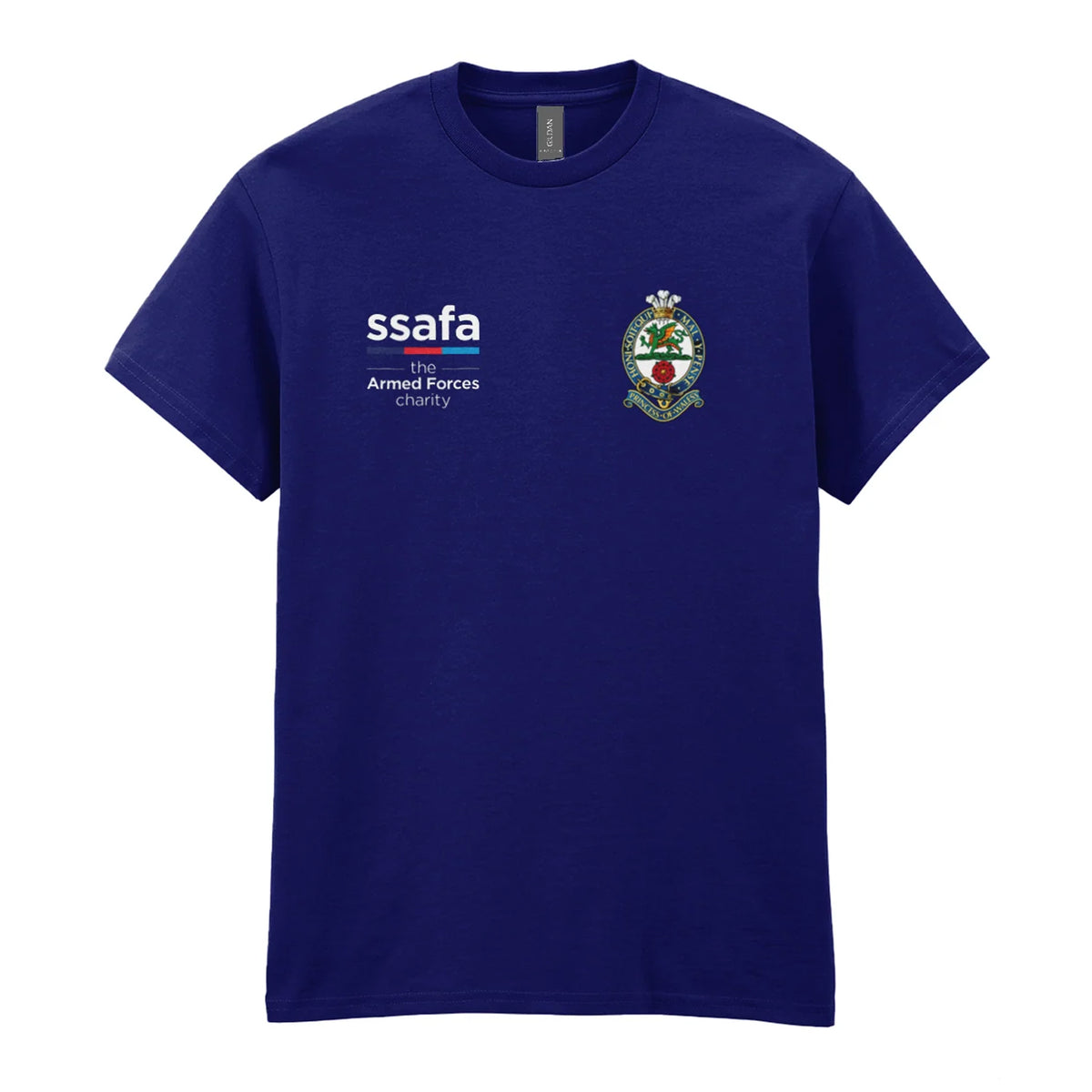 A navy t-shirt showing an MOD licensed The Princess of Wales's Royal Regiment (Naval Crown) insignia to left chest and SSAFA logo to right chest.