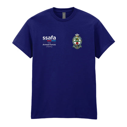 A navy t-shirt showing an MOD licensed The Princess of Wales's Royal Regiment (Naval Crown) insignia to left chest and SSAFA logo to right chest.
