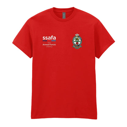 A red t-shirt showing an MOD licensed The Princess of Wales's Royal Regiment (Naval Crown) insignia to left chest and SSAFA logo to right chest.