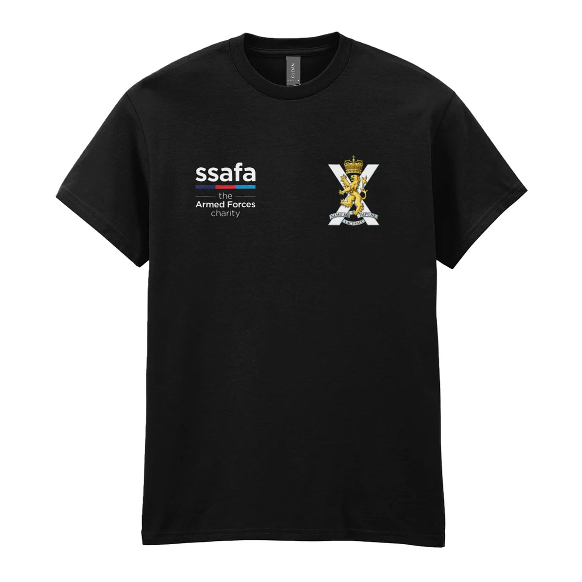 A black t-shirt showing an MOD licensed Royal Regiment of Scotland insignia to left chest and SSAFA logo to right chest.