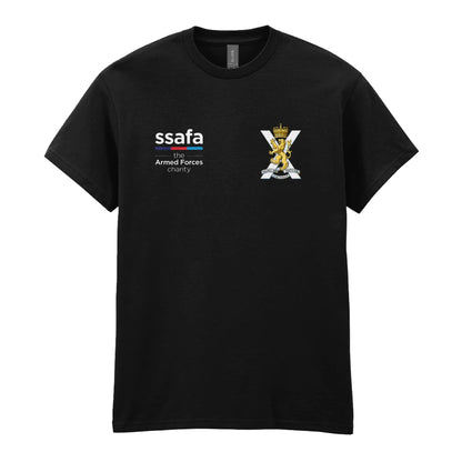 A black t-shirt showing an MOD licensed Royal Regiment of Scotland insignia to left chest and SSAFA logo to right chest.