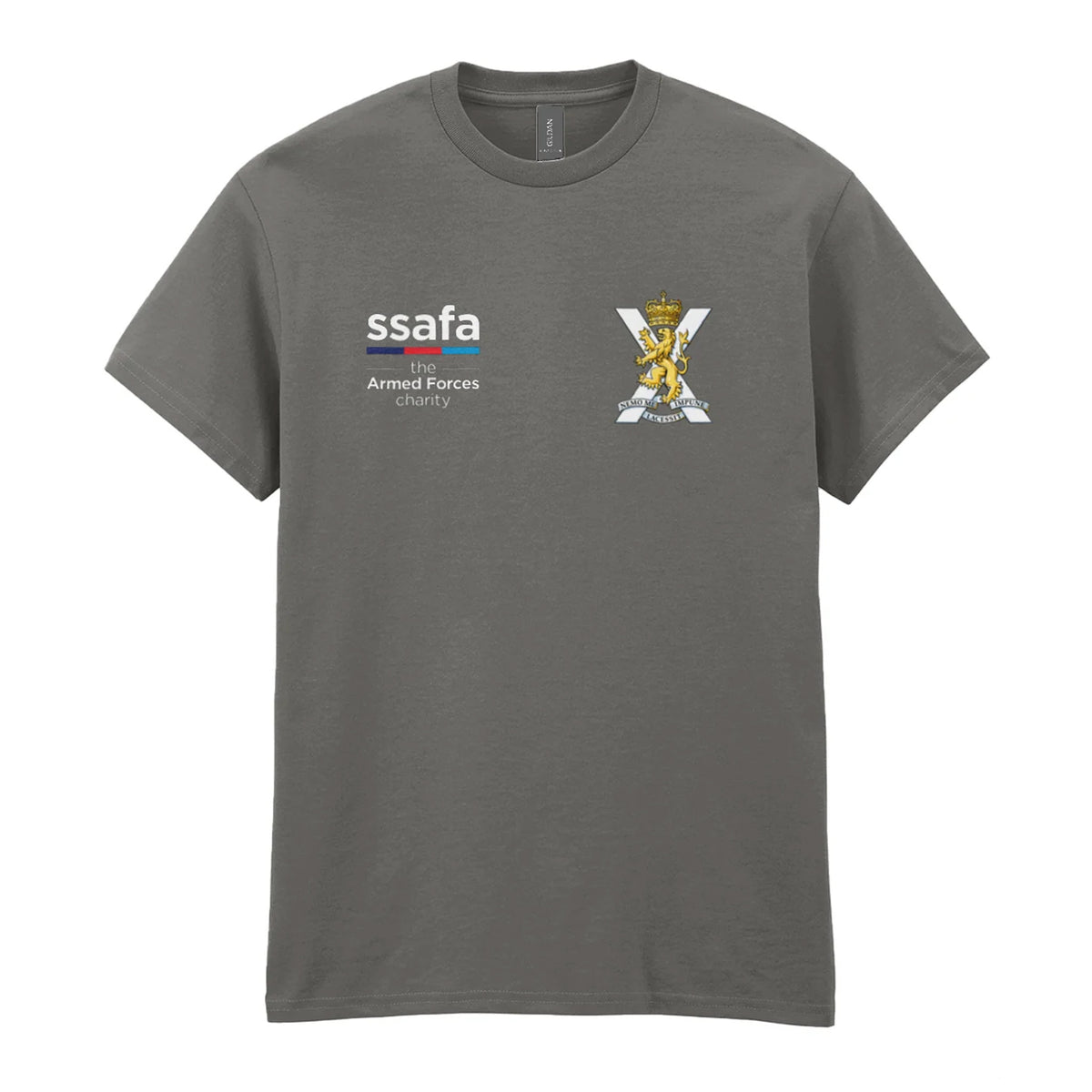 A charcoal t-shirt showing an MOD licensed Royal Regiment of Scotland insignia to left chest and SSAFA logo to right chest.
