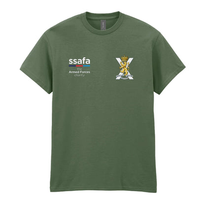 A military green t-shirt showing an MOD licensed Royal Regiment of Scotland insignia to left chest and SSAFA logo to right chest.