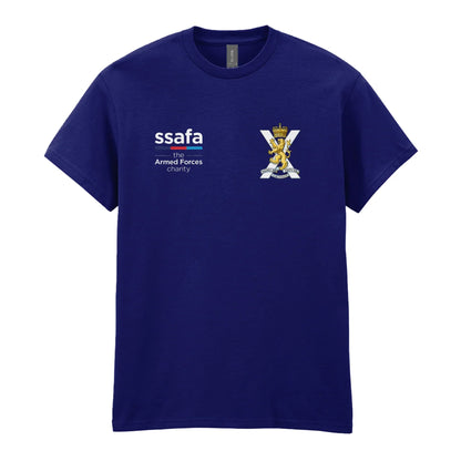 A navy t-shirt showing an MOD licensed Royal Regiment of Scotland insignia to left chest and SSAFA logo to right chest.