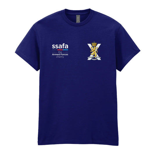 A navy t-shirt showing an MOD licensed Royal Regiment of Scotland insignia to left chest and SSAFA logo to right chest.