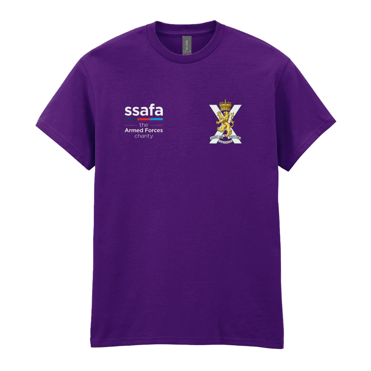 A purple t-shirt showing an MOD licensed Royal Regiment of Scotland insignia to left chest and SSAFA logo to right chest.
