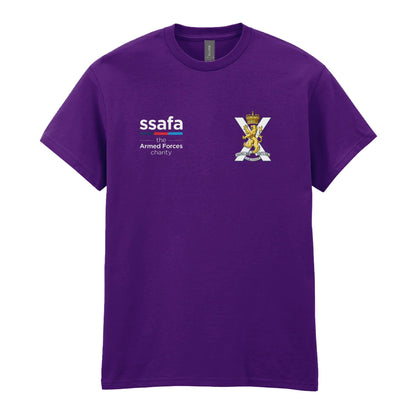 A purple t-shirt showing an MOD licensed Royal Regiment of Scotland insignia to left chest and SSAFA logo to right chest.