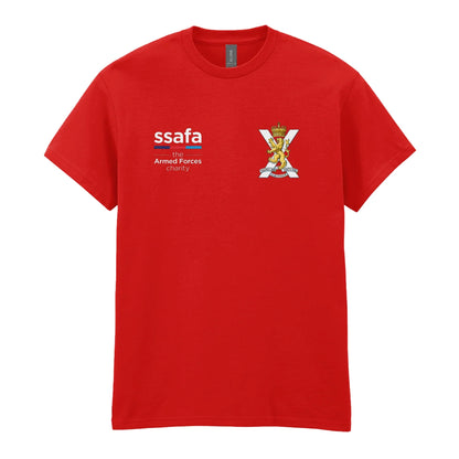 A red t-shirt showing an MOD licensed Royal Regiment of Scotland insignia to left chest and SSAFA logo to right chest. 