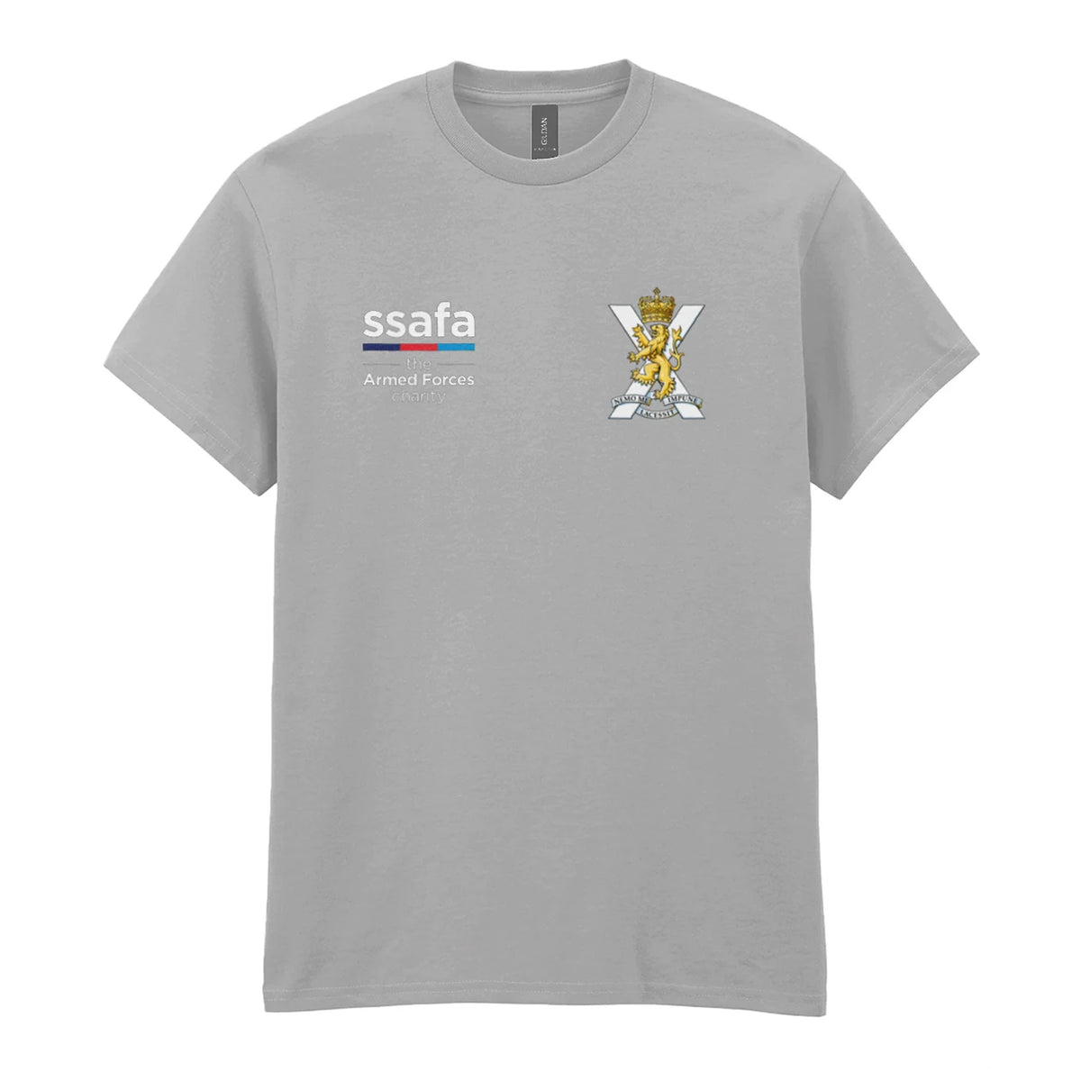 A sports grey t-shirt showing an MOD licensed Royal Regiment of Scotland insignia to left chest and SSAFA logo to right chest.