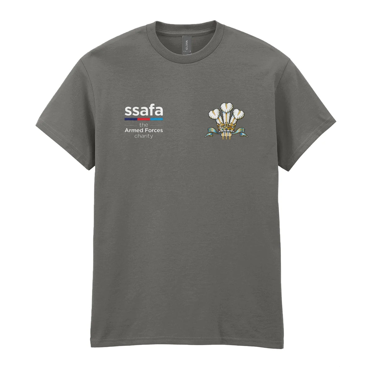 A charcoal t-shirt showing an MOD licensed Royal Regiment of Wales insignia to left chest and SSAFA logo to right chest.