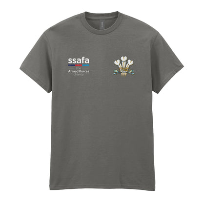 A charcoal t-shirt showing an MOD licensed Royal Regiment of Wales insignia to left chest and SSAFA logo to right chest.
