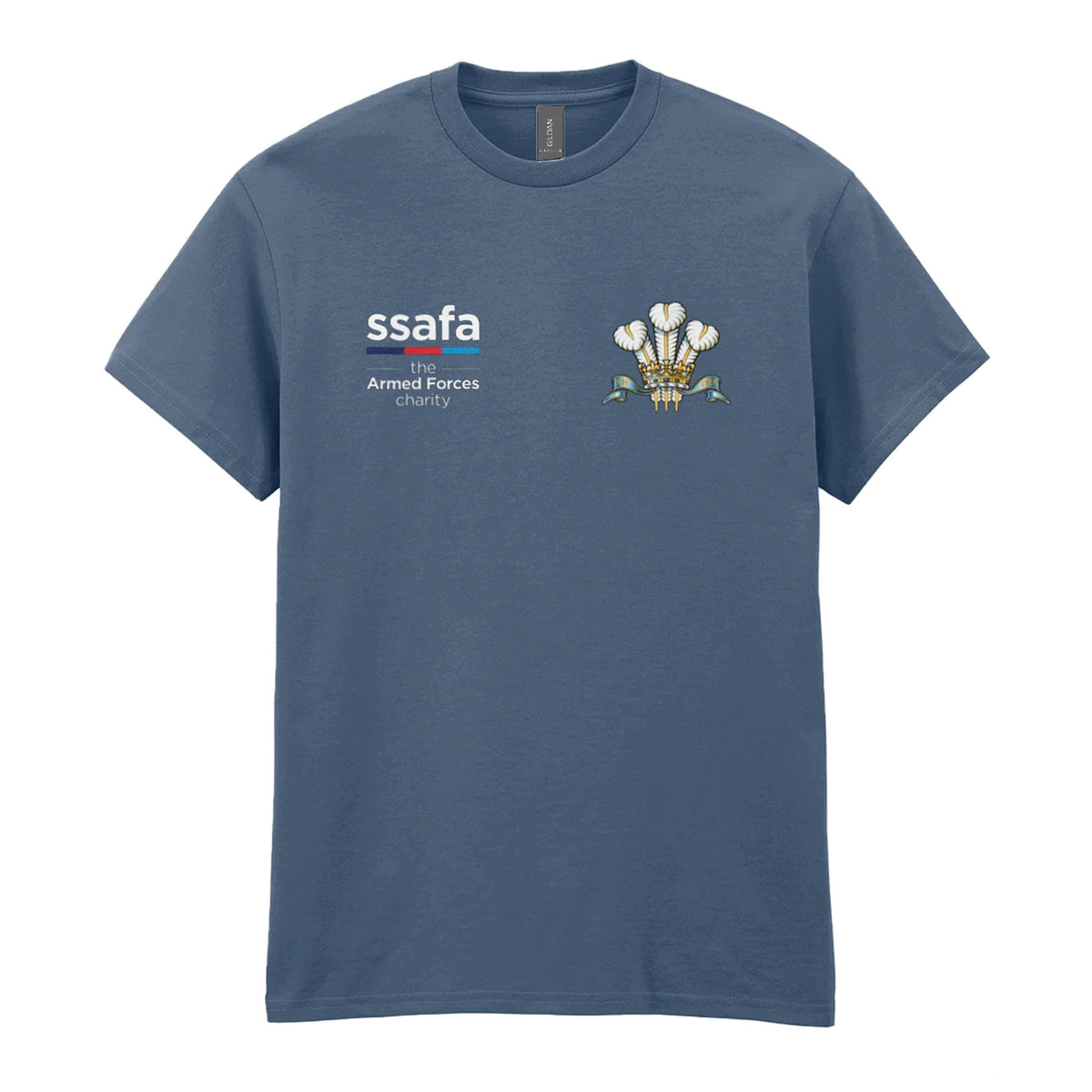 An indigo blue t-shirt showing an MOD licensed Royal Regiment of Wales insignia to left chest and SSAFA logo to right chest.