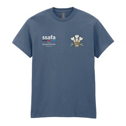 An indigo blue t-shirt showing an MOD licensed Royal Regiment of Wales insignia to left chest and SSAFA logo to right chest.