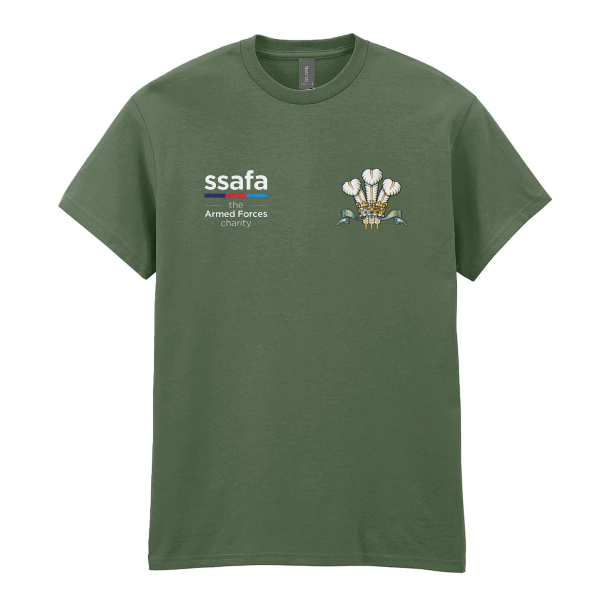 A military green t-shirt showing an MOD licensed Royal Regiment of Wales insignia to left chest and SSAFA logo to right chest.