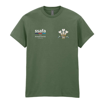 A military green t-shirt showing an MOD licensed Royal Regiment of Wales insignia to left chest and SSAFA logo to right chest.