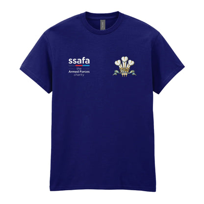 A navy t-shirt showing an MOD licensed Royal Regiment of Wales insignia to left chest and SSAFA logo to right chest.
