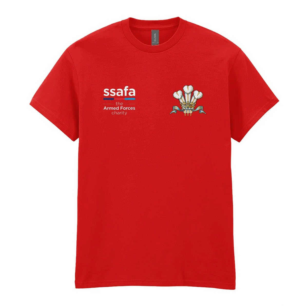 A red t-shirt showing an MOD licensed Royal Regiment of Wales insignia to left chest and SSAFA logo to right chest.