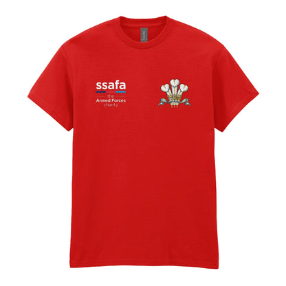 A red t-shirt showing an MOD licensed Royal Regiment of Wales insignia to left chest and SSAFA logo to right chest.