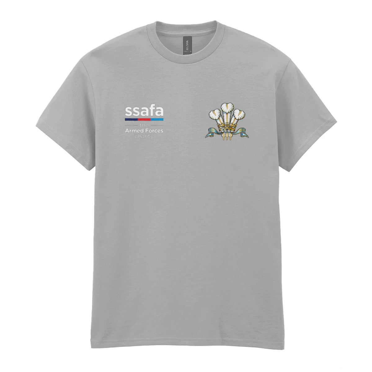 A sports grey t-shirt showing an MOD licensed Royal Regiment of Wales insignia to left chest and SSAFA logo to right chest.