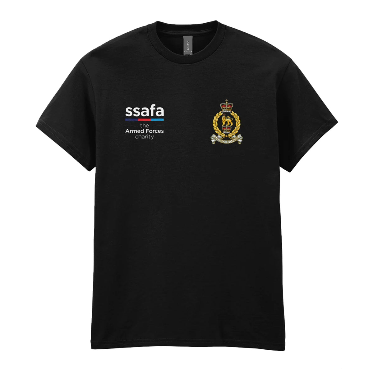 A black t-shirt showing an MOD licensed The Adjutant General's Corps (Queen's Crown) insignia to left chest and SSAFA logo to right chest.