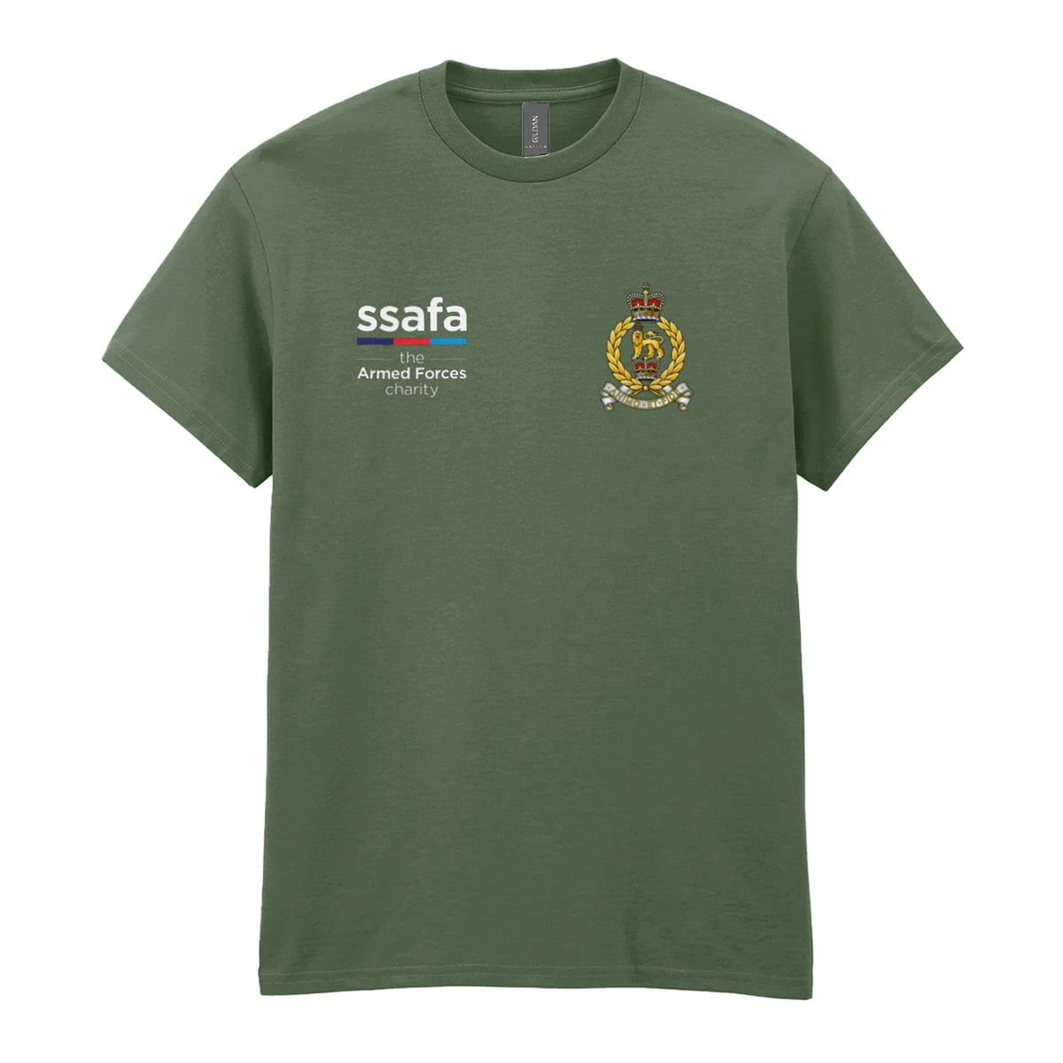 A military greent-shirt showing an MOD licensed The Adjutant General's Corps (Queen's Crown) insignia to left chest and SSAFA logo to right chest.