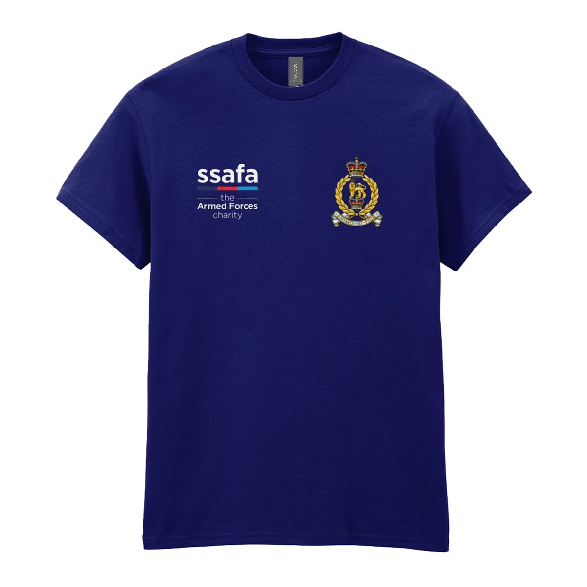 A navy t-shirt showing an MOD licensed The Adjutant General's Corps (Queen's Crown) insignia to left chest and SSAFA logo to right chest.