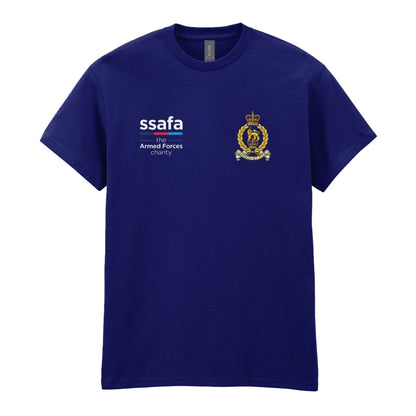 A navy t-shirt showing an MOD licensed The Adjutant General's Corps (Queen's Crown) insignia to left chest and SSAFA logo to right chest.