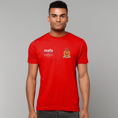 A man wearing a  red t-shirt showing an MOD licensed The Adjutant General's Corps (Queen's Crown) insignia to left chest and SSAFA logo to right chest.